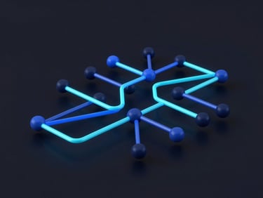 Minimalist 3D render of interconnected data nodes, glowing electric blue and cyan pipelines, dark background