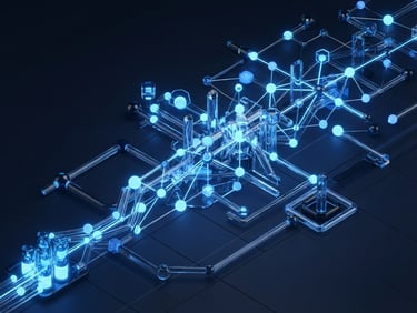 Isometric abstract 3D representation of a growing data pipeline, electric blue glowing nodes, reflective glass surfaces, dark background, ultra-clean.