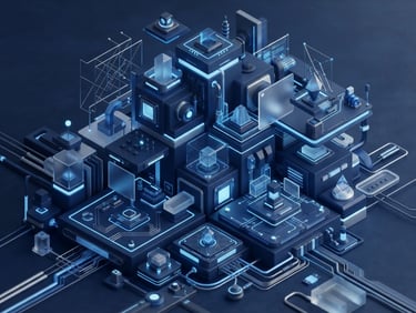 Minimalist 3D render of abstract tech geometry, electric blue and deep navy accents, soft studio lighting, modern isometric interface components