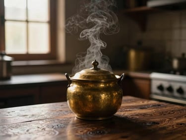 Steam rising slowly from a traditional brass vessel in a warm, rustic kitchen, soft low-contrast lighting, rich walnut tones.
