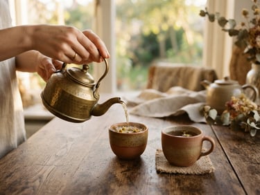 Warm editorial photography of hands gently pouring herbal tea from a brass kettle into two clay cups, golden-hour window light, rich earthy tones, shallow depth of field.