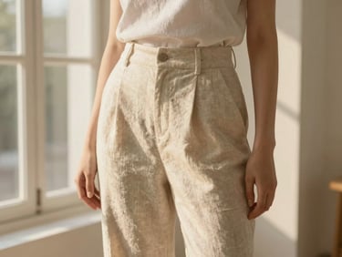 A woman wearing elegant linen blend trousers, styled with a simple top, in soft golden-hour window light, muted cream and sage tones, shallow depth of field.