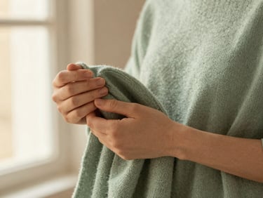 Close-up of a woman's hands gently holding a soft sage green knit sweater, draped over her arm, in warm, diffused light, focus on texture.