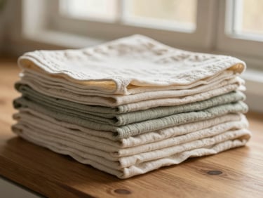 Stack of folded linen kitchen towels in muted cream and sage tones on a wooden counter, soft light, shallow depth of field.