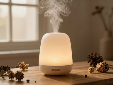 An elegant aromatherapy diffuser emitting a soft mist, surrounded by dried botanicals, warm golden light.