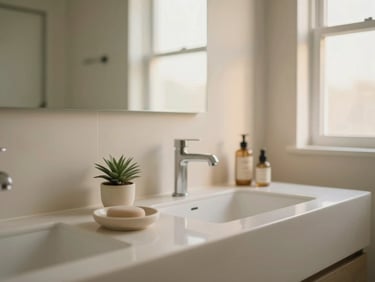 A minimalist bathroom counter with a small plant, a ceramic soap dish, and a neutral-toned beauty product, soft golden-hour light, shallow depth of field, 35mm