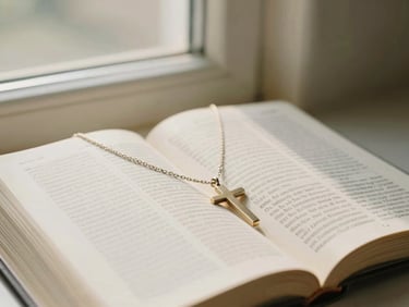 Open Bible with a simple cross necklace resting on its pages, bathed in soft window light, muted cream and sage tones, shallow depth of field, 35mm