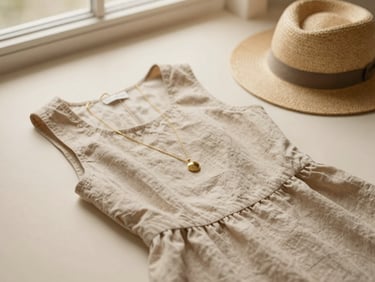 A flat lay of a beige linen dress, a straw hat, and minimalist gold jewelry on a cream background, soft window light, shallow depth of field, 35mm