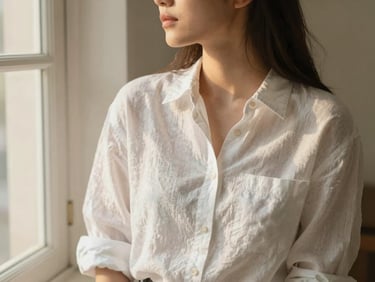 Woman in a classic white linen button-down shirt, sleeves rolled up, looking out a window with soft light, elegant and relaxed pose.
