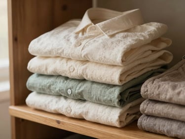 A neatly folded stack of cream, sage, and taupe linen shirts and trousers on a wooden shelf, warm diffused light, shallow depth of field, 35mm