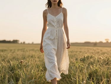 Woman in a flowing white linen dress walking through a sunlit field, soft golden-hour light, medium shot, 35mm