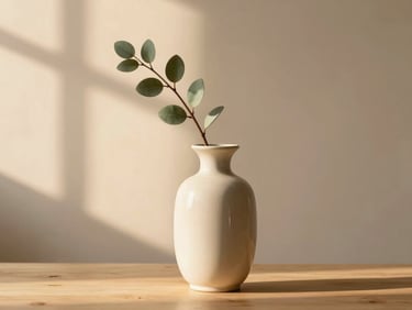 A tall, cream-colored ceramic vase with a single sage green branch, on a light wooden surface, diffused golden-hour light.