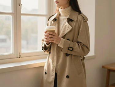 Woman in a camel-colored trench coat and knit sweater, holding a warm beverage, standing by a window with soft overcast light, medium shot, 35mm