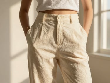 Woman wearing elegant cream tailored linen trousers, standing in soft golden-hour light, hands in pockets, cropped at waist, shallow depth of field.
