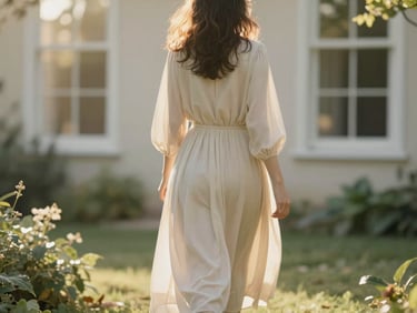 Woman in a long, flowing modest dress walking through a sunlit garden, seen from behind, soft golden-hour window light, muted cream and sage tones, shallow depth of field, 35mm