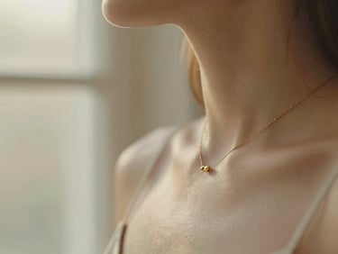 Close-up of a delicate gold necklace on a woman's neck, soft-focus, warm golden light, muted cream and sage tones.