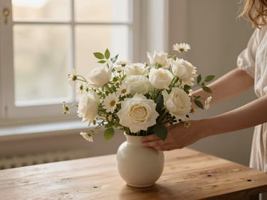 Woman arranging a simple, elegant floral bouquet in a cream vase on a wooden table, soft golden-hour window light, muted cream and sage tones, shallow depth of field, 35mm