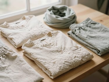 Flat-lay of neatly folded neutral-toned linen clothing (blouse, trousers, scarf) on a light wooden surface, soft overcast daylight, muted cream and sage tones, shallow depth of field, 35mm