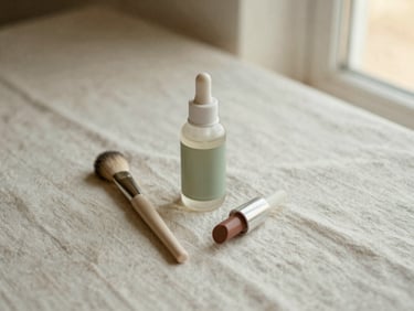Flat-lay of minimalist beauty products (serum bottle, small brush, neutral lipstick) on a linen cloth, soft overcast daylight, muted cream and sage tones, shallow depth of field, 35mm