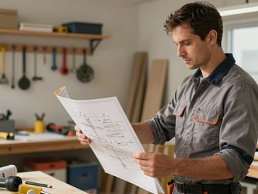 A professional contractor in a clean workshop, holding a wooden blueprint plan, warm natural daylight illuminating the workspace, tools neatly arranged on shelves in the soft-focus background.