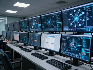 Wide side-angle view of a security operations center, multiple large monitors displaying network topology maps and infrastructure diagrams, cool overhead lighting casting blue-white glow across keyboards and screens, no personnel faces visible, dense data overlays on dark displays