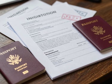 Close-up flat-lay of neatly organized immigration documents, passport, and stamped papers on a dark wooden desk under soft natural side-lighting.