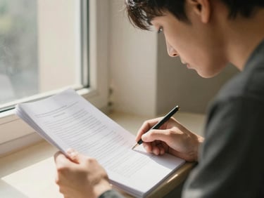 A close-up of a person in a quiet moment of focus, looking at a document near a window, soft natural side-lighting, realistic shadows, warm cream tones.