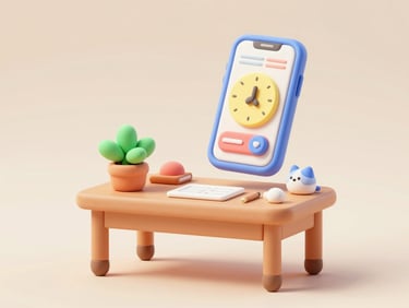 Cute 3D clay illustration of a cozy wooden study desk, a small green plant, and a floating phone displaying a timer, soft pastel colors