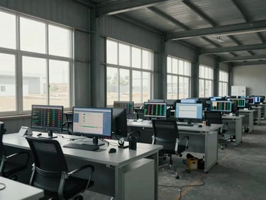 Wide shot of a grain trading operations floor: multiple workstations with monitors showing commodity price feeds, natural light from a bank of windows along one wall, steel and glass interior, no people visible—focus on the infrastructure and screens