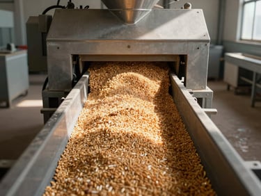 Eye-level shot of an industrial grain processing line: a conveyor belt carrying cleaned grain toward a classifier machine, overhead facility lighting casting hard shadows on steel equipment surfaces, processing floor visible in background
