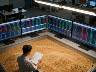 Overhead view of a grain trading operations floor, large monitors showing commodity price feeds, a worker reviewing printed contracts under cold overhead fluorescent lighting, steel desks in the background