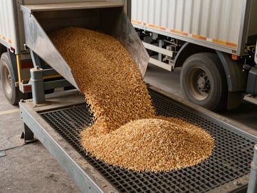 Close-up overhead view of a grain buying point: a weighing station platform with a truck partially visible, grain spilling from a chute onto a steel grate, natural daylight from an open loading bay, facility concrete floor in foreground