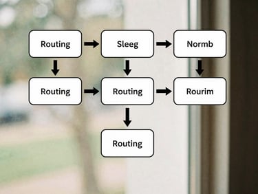 Clean, simplified workflow diagram showing arrows connecting different steps in a lead routing process, warm indirect natural daylight, shallow depth of field