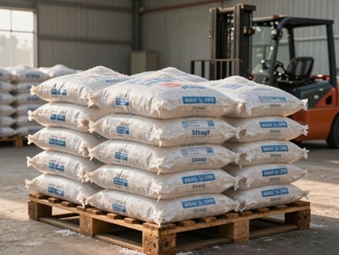 Stacked 25kg and 50kg woven polypropylene salt bags on a warehouse pallet, branded with export labels, warm tungsten loading-dock light, forklift visible in background, Punjab salt processing facility
