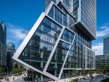 Modern corporate building facade with glass windows reflecting a clear blue sky, sharp architectural angles, high-trust corporate photography