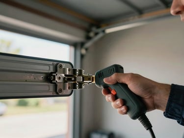 Technician's hand pressing a diagnostic tool against a garage door roller hinge, interior garage setting, natural light from open bay door behind, close-up of the hinge assembly