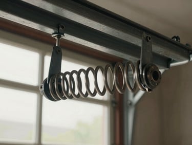 Close-up of a coiled torsion spring on a garage door header, worn metal texture visible, natural light from a garage window, overhead framing
