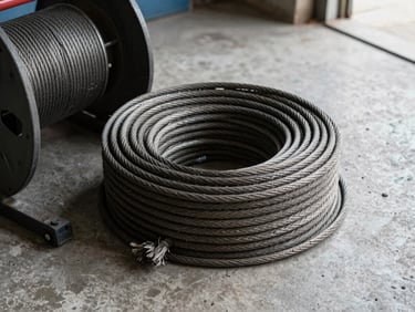 Close-up of a frayed steel cable coiled on a garage floor beside a door drum, natural daylight, concrete background, no people