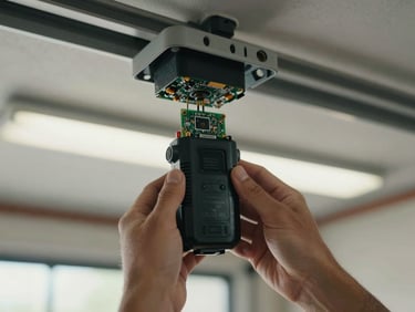 Hands holding a garage door opener motor unit removed from the ceiling, circuit board visible, interior garage fluorescent-free daylight, close-up framing