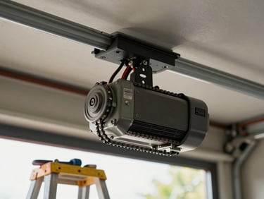 Close-up of a garage door opener motor unit mounted on ceiling rail, wiring and drive chain visible, natural light from below, tools resting on a nearby step ladder