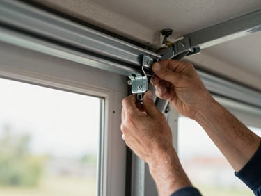 Technician's hands adjusting a bent metal track on the side of a garage door, close-up showing the track bracket and mounting hardware, daylight from an open garage bay