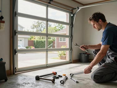 Wide shot of a residential garage interior with a partially disassembled door, a technician's hands holding a wrench near a worn hinge bracket, natural daylight from the open bay, tools laid out on the concrete floor