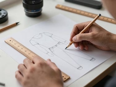 Hands drafting an apparel pattern with pencil and wooden ruler on a clean worktable, soft morning light, focus on the graphite lines.