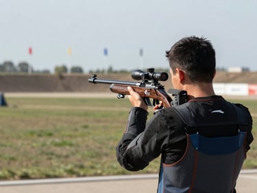 Medium-distance shot from behind and slightly right of a competitor at the bench, rifle raised to shoulder, natural daylight, scope visible in profile, range flags and berm at distance, documentary framing