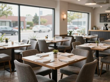 A cozy modern restaurant dining room with tables set for lunch, bright natural daylight streaming through large windows, clean commercial photography