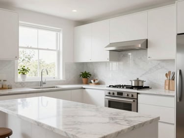 A beautifully renovated modern kitchen with clean lines, marble countertops, bright natural light, professional interior photography