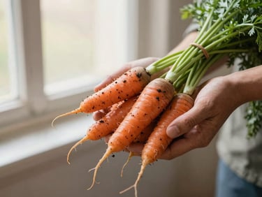 Hands of a farmer holding freshly harvested organic carrots with soil, soft morning light, close-up