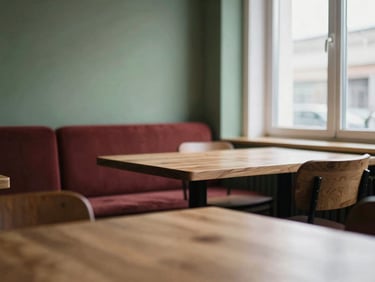 Cozy minimalist Scandinavian restaurant interior, empty wooden tables, soft natural light, muted green accents