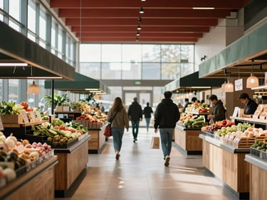 Modern food market hall with people walking past clean wooden stalls, bright natural light, architectural lines