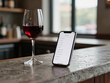 A sleek smartphone displaying a clean reservation interface resting on a rustic concrete restaurant bar next to a glass of red wine, soft focus